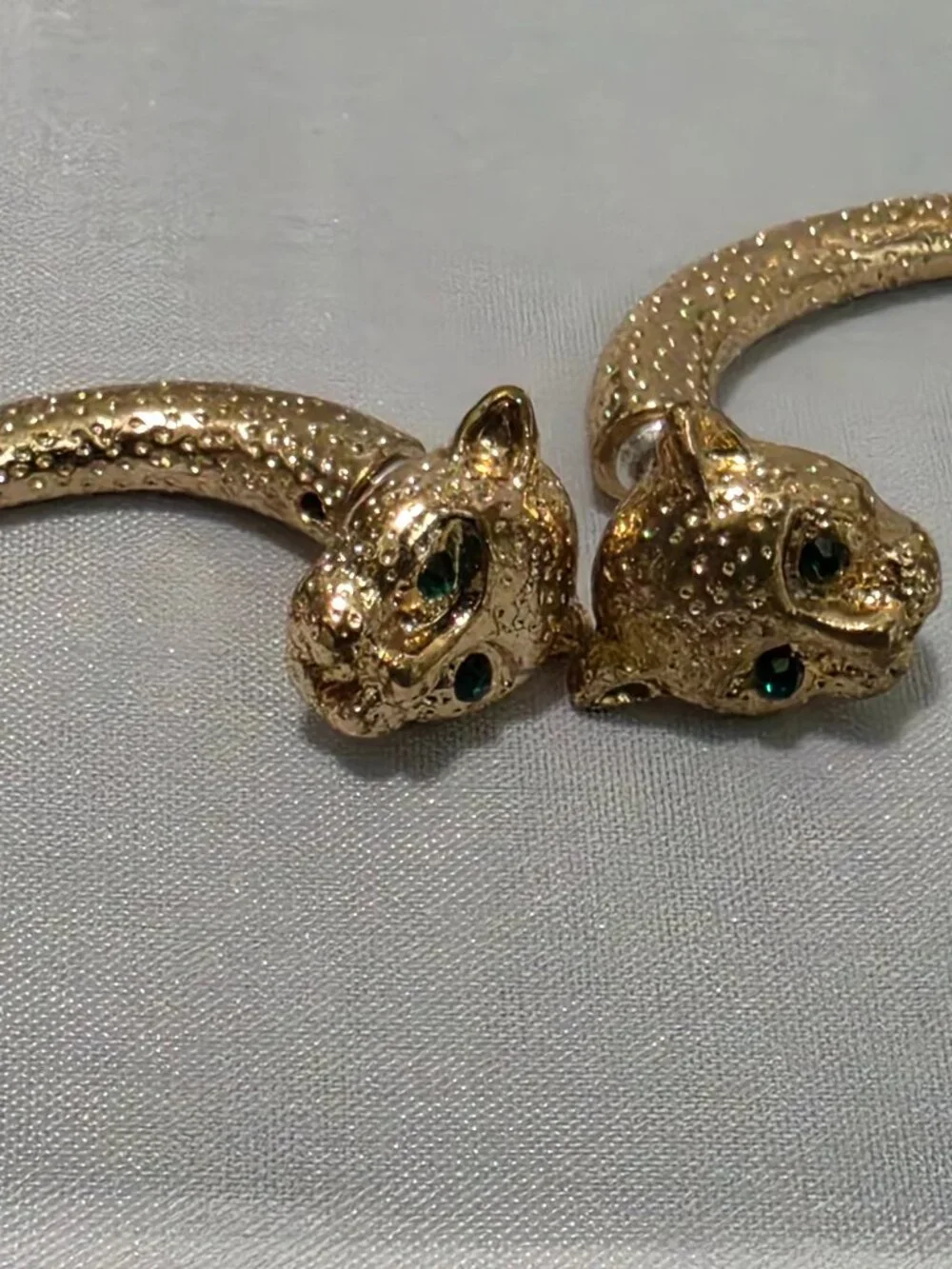 Gold Tone Panther Head Front-Back Earrings · Green Crystal Eyes · Curved Claw Dr